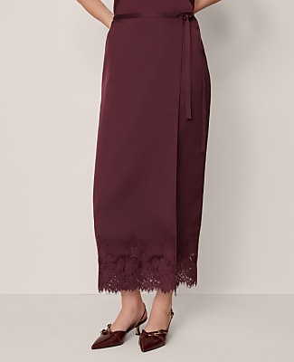 Petite Satin Lace Hem Wrap Skirt