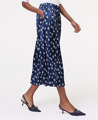 Floral Satin Pleated Midi Skirt