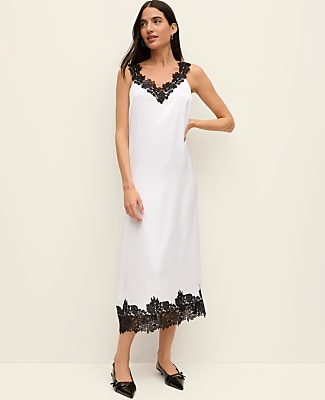 Lace Trim Satin Slip Midi Dress