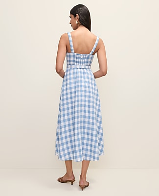 Gingham Belted Midi Dress in Linen Blend