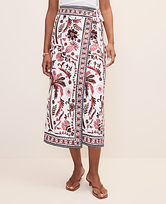 Weekend Palm Tree Print Sarong Midi Skirt in Linen Blend