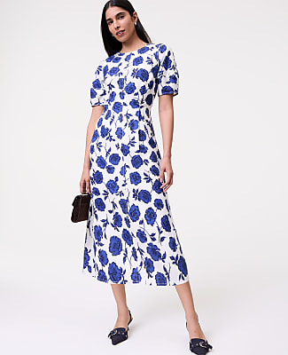 couco floral linen midi dress NEW Reformation Coucou Midi Linen Dress Hanna White Blue Floral | US 4 UK 8
