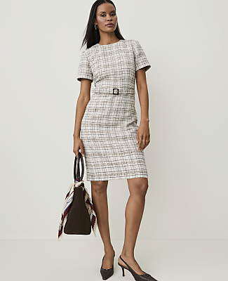 Belted Sheath Dress in Tweed