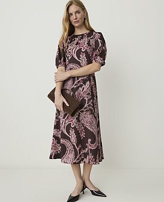 Paisley Puff Sleeve Midi Dress
