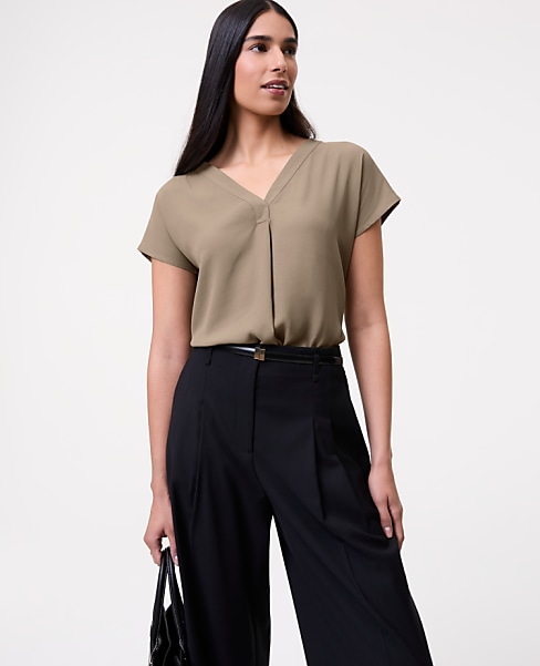 Mixed Media Pleat Front Top - Dried Moss