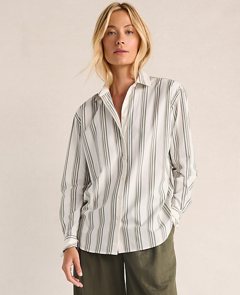 Ann Taylor Haven Well Within The Daily Shirt Organic Cotton Poplin Yarndye Stripe Vetiver Women's