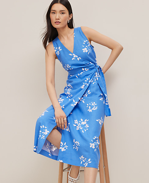 Floral Linen Blend V-Neck Wrap Dress