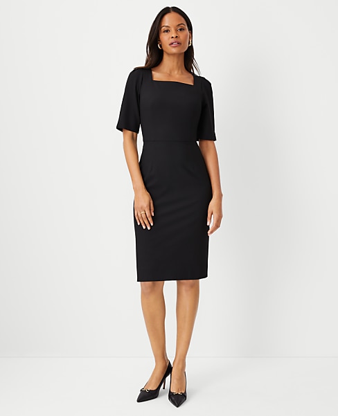 The Petite Elbow Sleeve Square Neck Dress in Seasonless Stretch — Curvy Fit