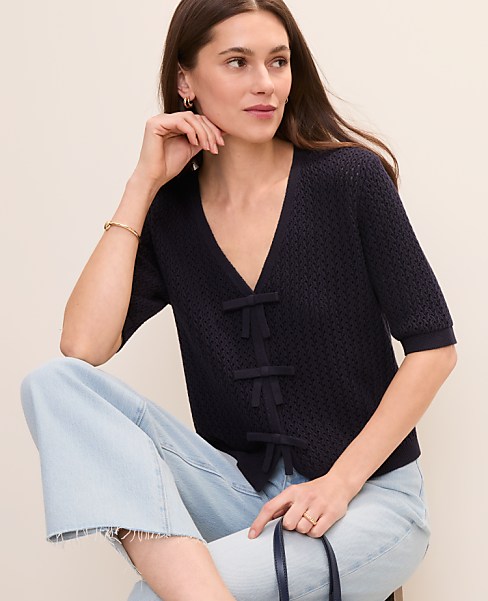 Textured Stitch Bow Cardigan - Night Sky