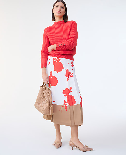 Petite Floral Satin Pleated Skirt