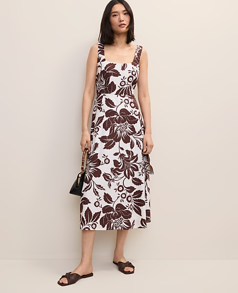 Floral Flare Midi Dress in Linen Blend