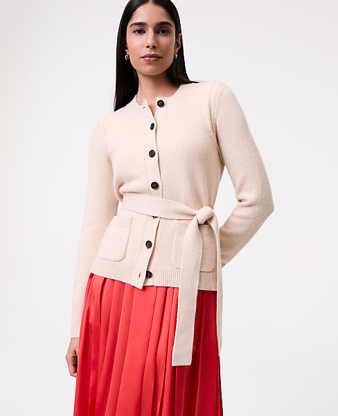 Petite Belted Crew Neck Cardigan