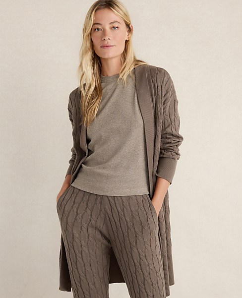 Ann Taylor Haven Well Within Organic Cotton Cashmere Cable Cardigan Size Medium Saddle Brown Women's