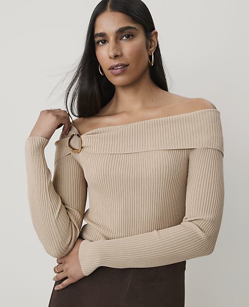 Hardware Embellished Off-The-Shoulder Top - Nomad Khaki