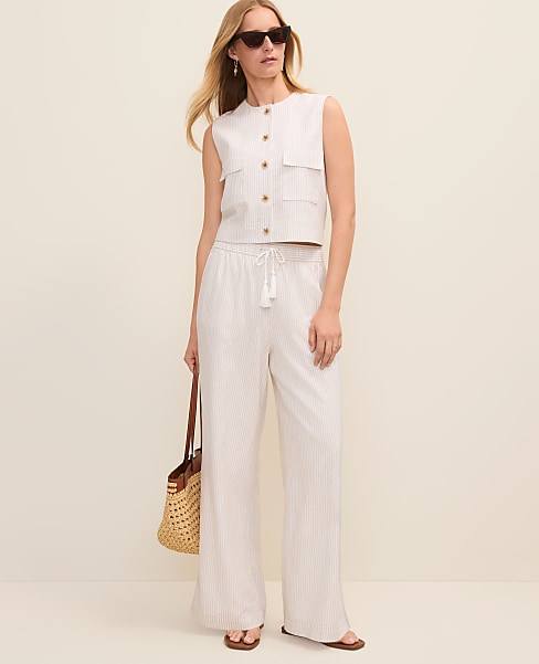 Petite Weekend Striped Easy Fit Wide-Leg Pant in Linen Blend