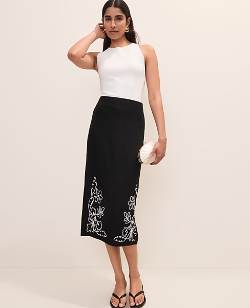 Petite Embroidered Column Midi Skirt