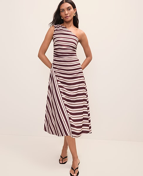 Petite Striped One-Shoulder Midi Dress