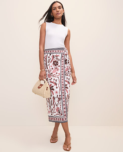 Petite Weekend Palm Tree Print Sarong Midi Skirt in Linen Blend