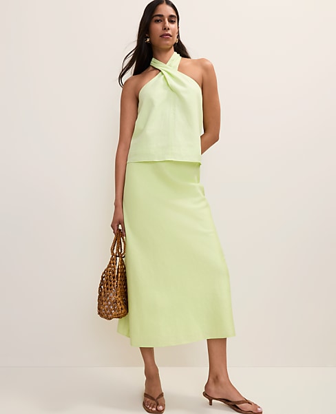 Petite Bias Midi Slip Skirt in Linen Blend