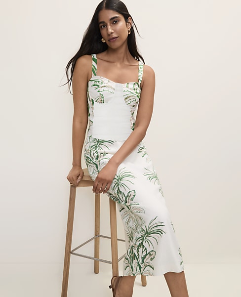 Petite Palm Print Column Midi Skirt in Linen Blend