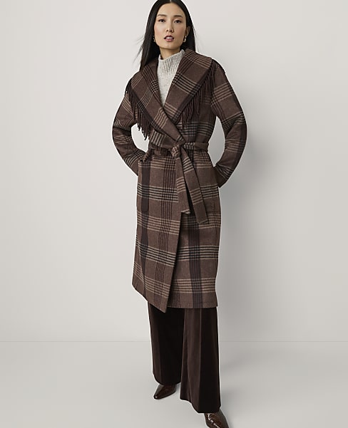 Plaid Fringe Wrap Coat