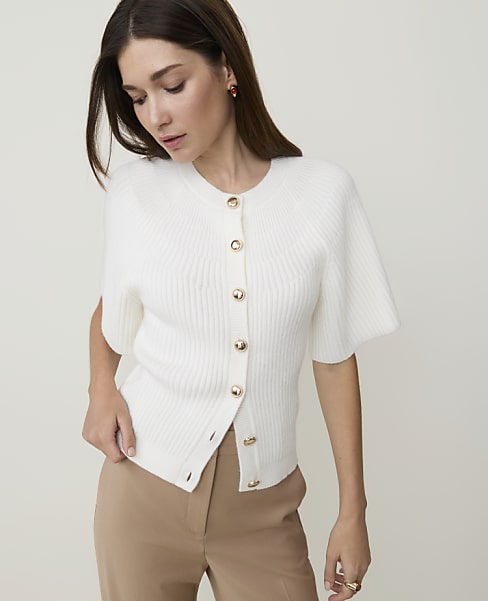 Petite Ribbed Crew Neck Cardigan