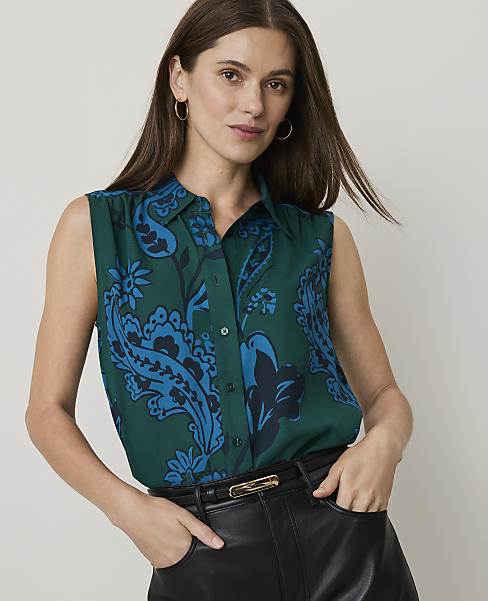 Paisley Shirred Sleeveless Shirt