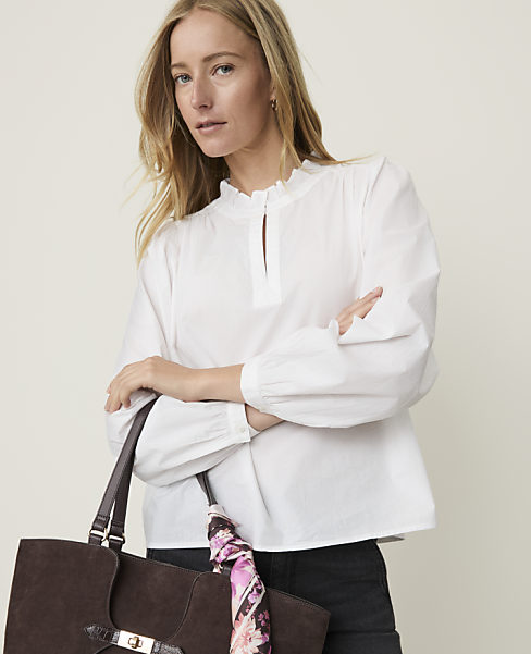 Ann Taylor Weekend Ruffle Collar Top Size Small White Women's