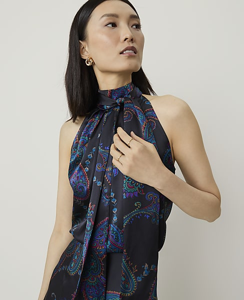 Studio Paisley Bow Halter Top in Silk
