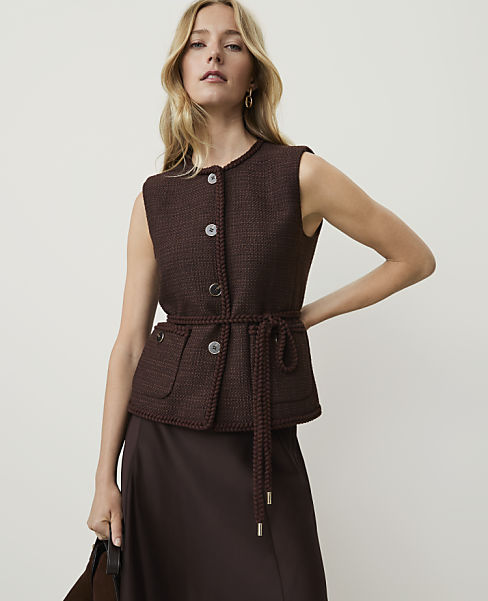 Petite Belted Vest in Tweed