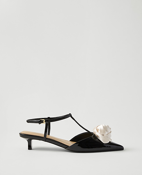Ann Taylor Patent Rosette T-Strap Kitten Heel Pump Women's