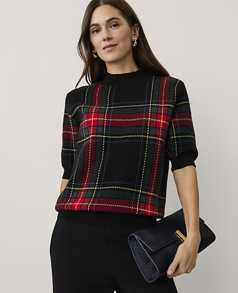 Plaid Jacquard Mock Neck Sweater Tee