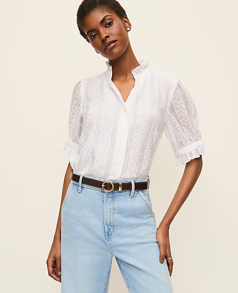 Eyelet Ruffle Collar Shirt
