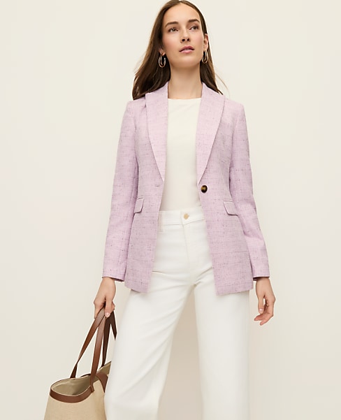 The Petite Long Single Button Blazer in Tweed