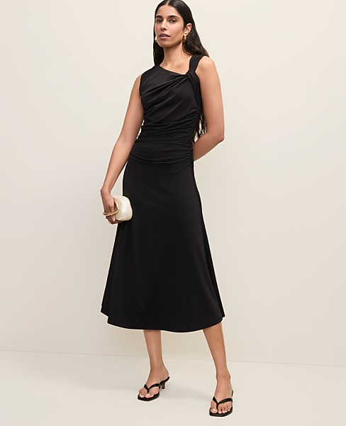 Petite Asymmetric Twist Shoulder Midi Dress