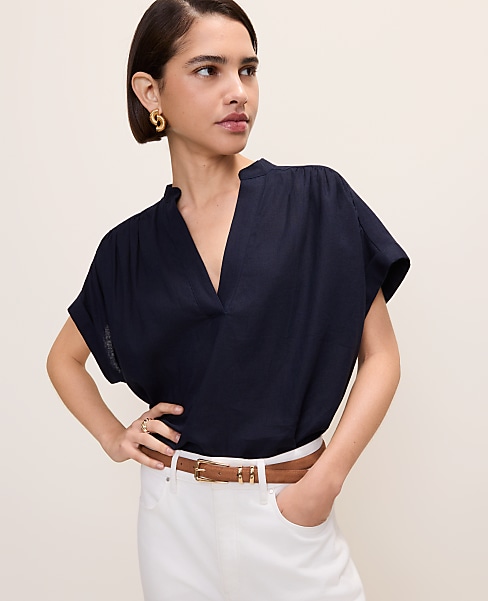 Linen Blend Split Neck Blouse