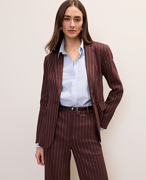 The Petite Pinstripe Long One Button Blazer in Linen Blend