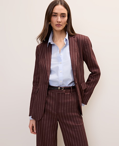 The Pinstripe Long One Button Blazer in Linen Blend
