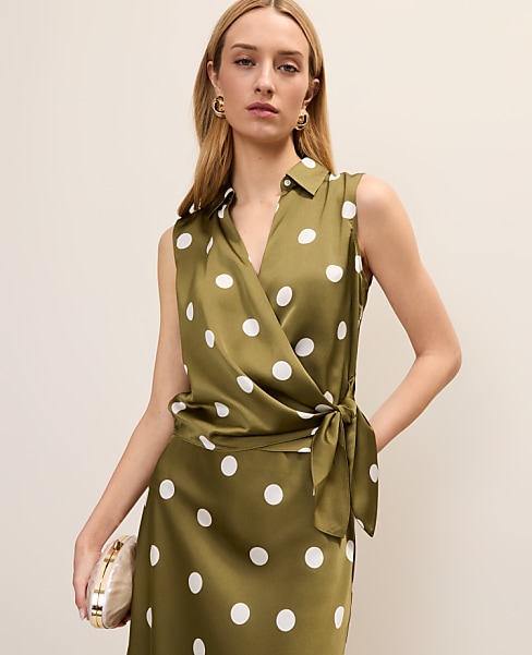 Petite Dotted Tie Waist Blouse
