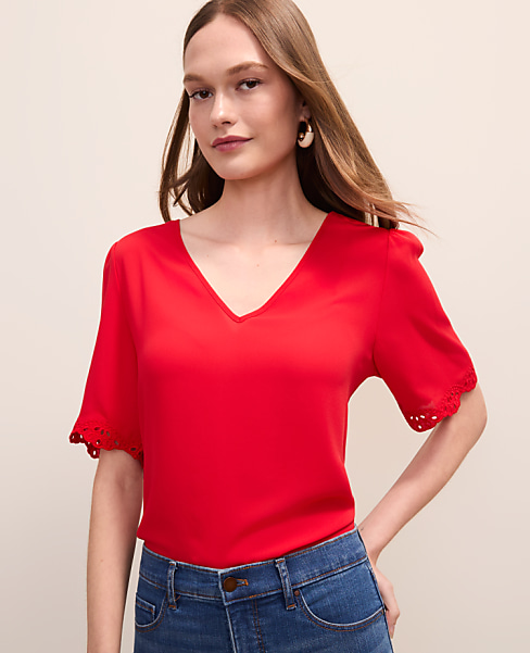 Petite Embroidered Mixed Media Top