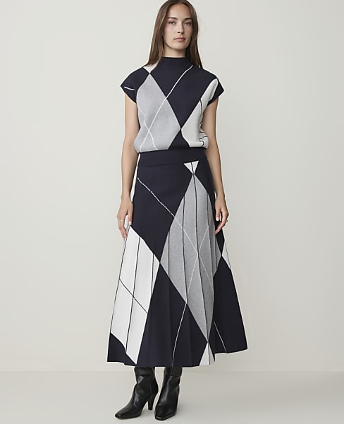 Pleated Argyle Jacquard Sweater Skirt