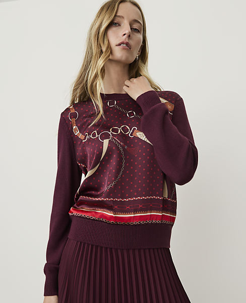 Ann Taylor Printed Mixed Media Crew Neck Sweater A Purest Plum Women's