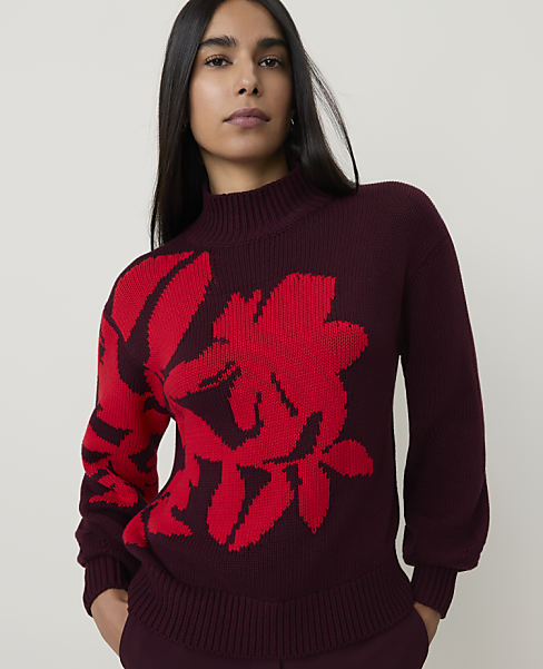 Petite Floral Jacquard Mock Neck Sweater