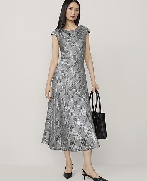 Houndstooth Cowl Neck Midi Dress