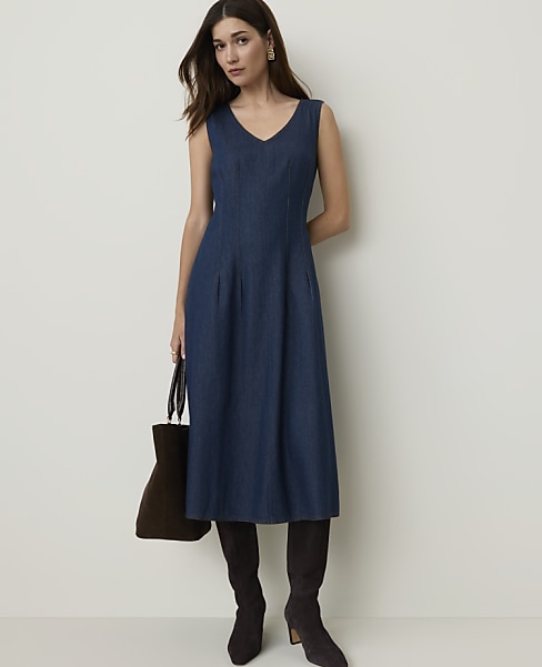Petite Seamed Denim Flare Midi Dress