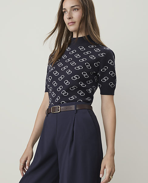 Ann Taylor Petite Geo Print Mock Neck Modern Sweater T-Shirt Night Sky Women's