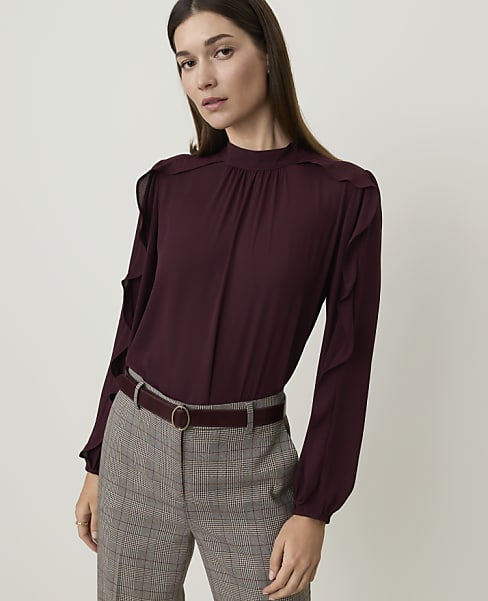Petite Mock Neck Ruffle Trim Blouse
