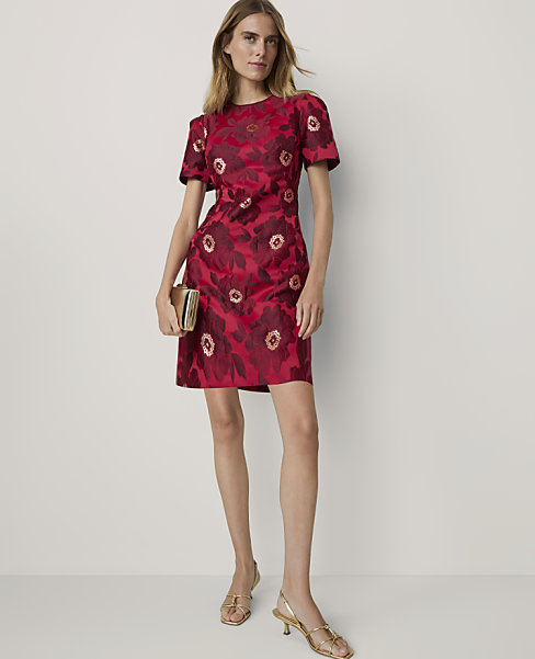 Petite Embellished Floral Jacquard Shift Dress