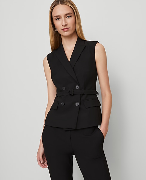 Petite Belted Double Breasted Vest in Seasonless Stretch