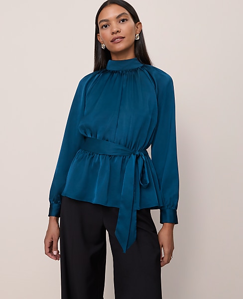 Petite Satin Tie Waist Blouse